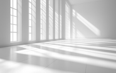 Minimalist Abstract White Background with Soft Shadows and Light Reflections, Ideal for Product Display or Advertising Backdrop in a Studio Setting