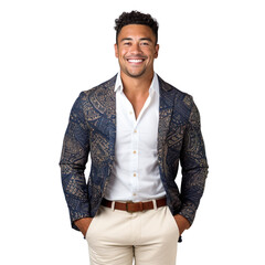 Front view mid body shot of a handsome Polynesian man dressed in a navy blue blazer with gold buttons and cream-colored trousers, isolated on a white transparent background