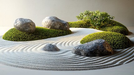 A serene Zen garden with rocks, sand, and green bushes invites peace and contemplation.
