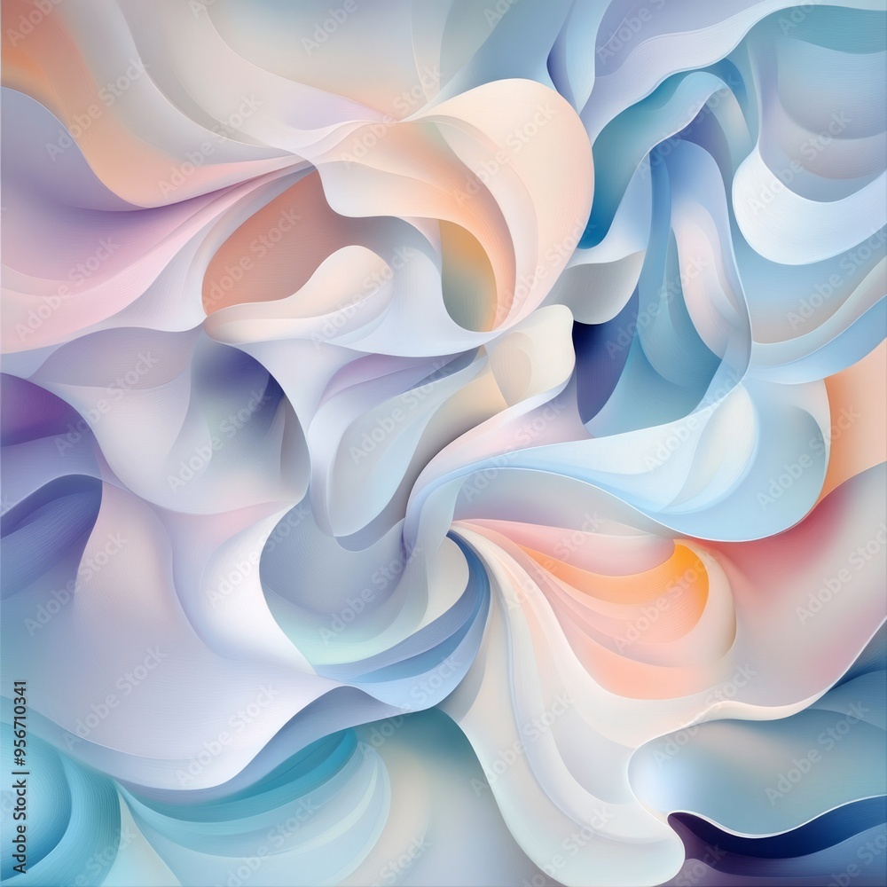 Poster Abstract swirling pastel background with smooth curves and flowing shapes in soft pink, blue and white colors.