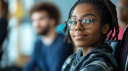 Young student with glasses smiles during a classroom activity