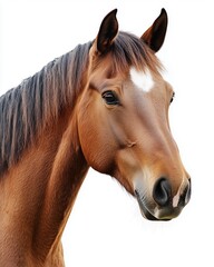Fototapeta premium Portrait brown horse with a bashful expression, a headshot isolated on a white background.