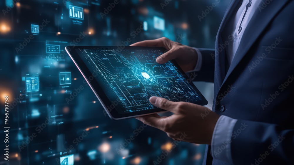 Poster a businessman employs a digital tablet to access blockchain technology and data encryption tools