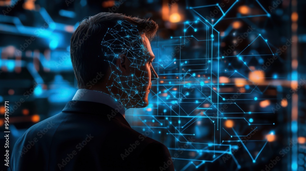 Poster a businessman employs ai to explore blockchain technology and data encryption, focusing on enhancing