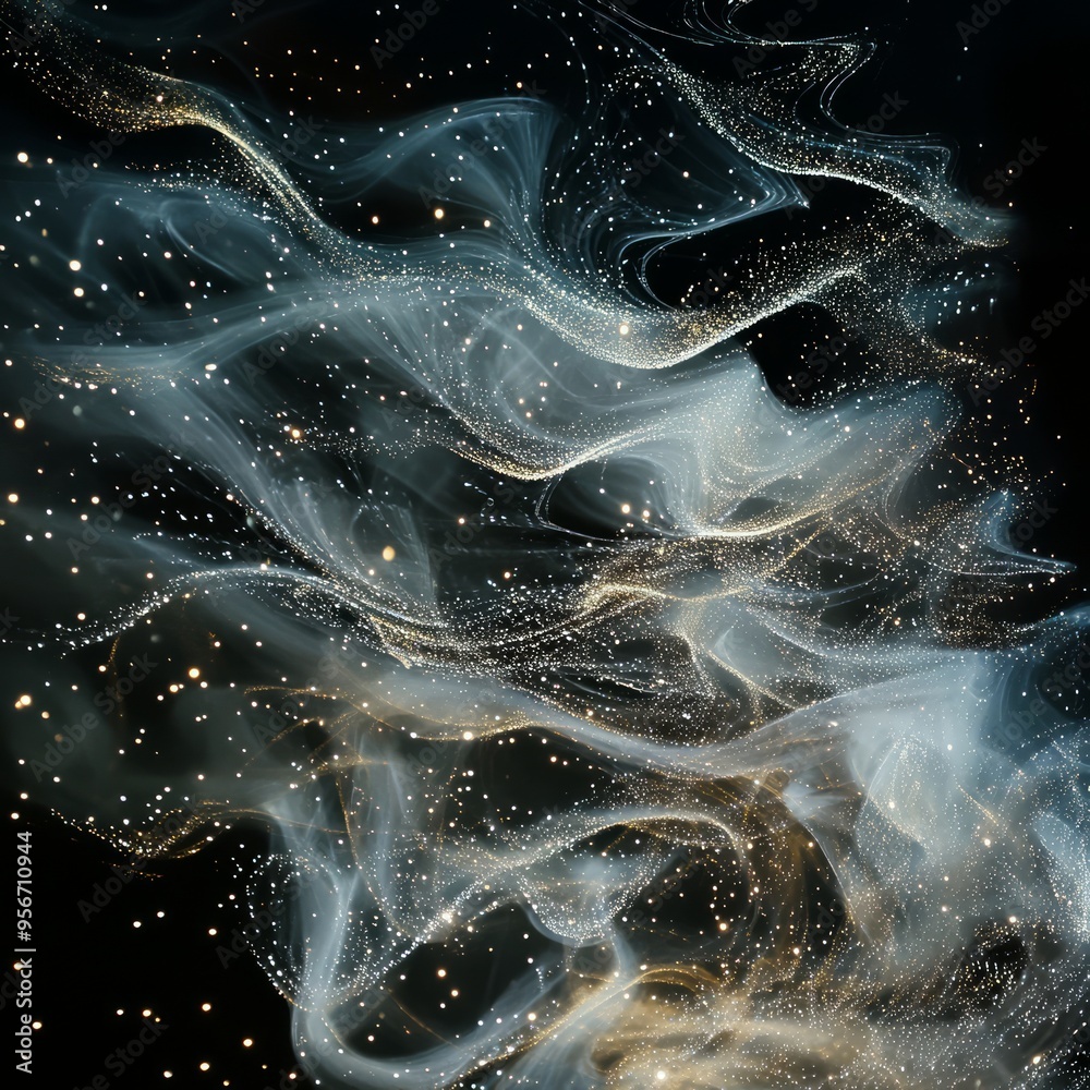 Poster Abstract swirling smoke with gold glitter on black background.