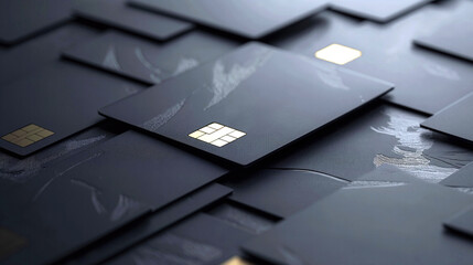 Close-up of a collection of matte black cards with minimalistic design, scattered over a dark surface, showcasing modern financial and payment methods with a sleek, elegant aesthetic