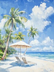 Serene beach scene with palm trees and sun loungers under a white umbrella, perfect for relaxation and vacation vibes.