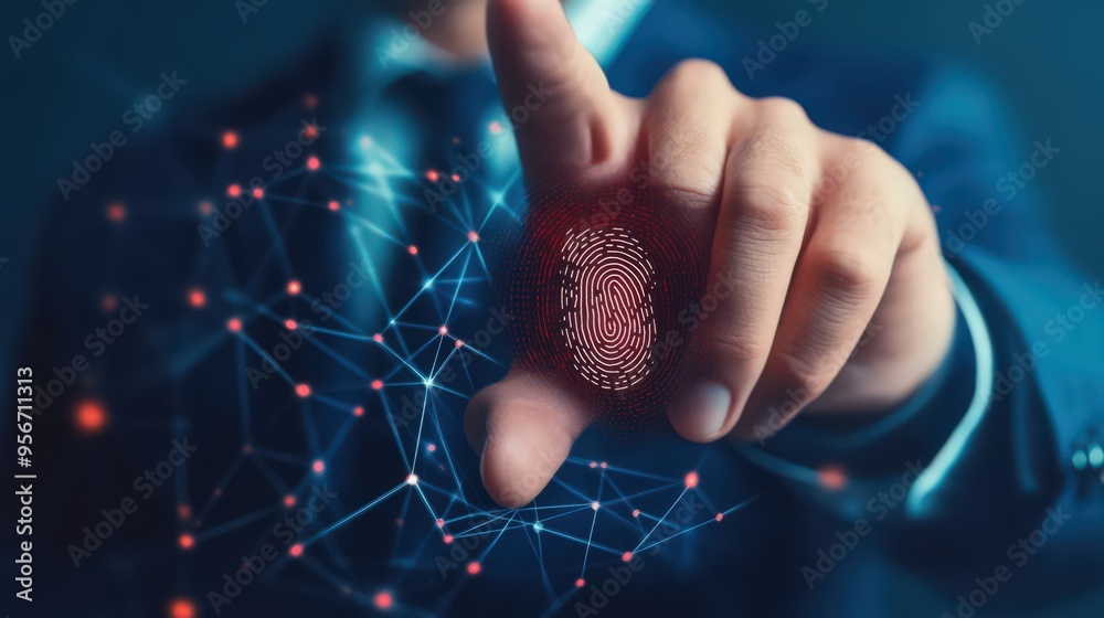 Poster a businessman ensures data privacy by using fingerprint scanning to securely access the network