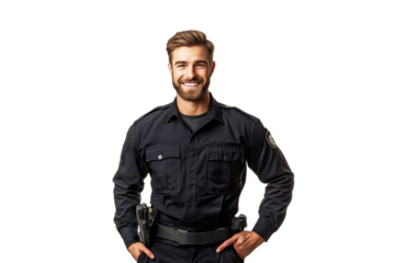 Portrait of a smiling American male security guard, seen from the front, set against a white transparent PNG cutout backdrop, with professional softbox lighting for clarity.