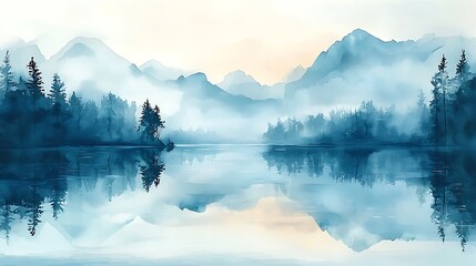 Naklejka premium A watercolor artwork portrays a foggy mountain lake, blending blues and greys in a calm scene.
