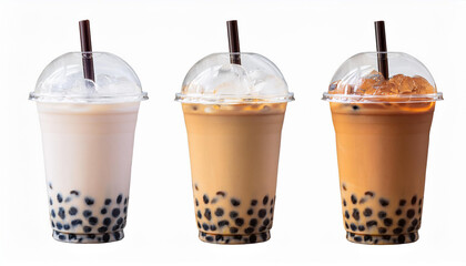 3つの異なるフレーバーのタピオカミルクティーが並べられています。各カップには透明な蓋があり、太めのストローが挿されています。カップの底には黒いタピオカがたっぷりと入っており、それぞれのミルクティーの色合いが異なります。白い背景が、ドリンクの色彩と質感を引き立てています。generative AI
