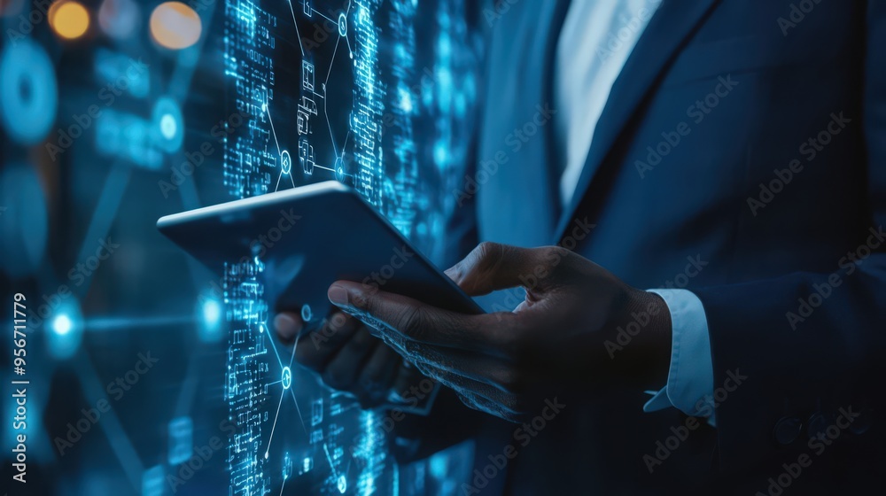 Poster a businessman integrates blockchain technology and data encryption with ai on a digital tablet, ensu
