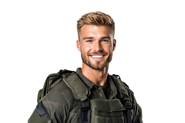 Front-facing portrait of a happy American male soldier, against a white transparent PNG cutout background, captured with professional softbox lighting for a polished finish.