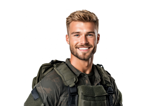 Front-facing portrait of a happy American male soldier, against a white transparent PNG cutout background, captured with professional softbox lighting for a polished finish.