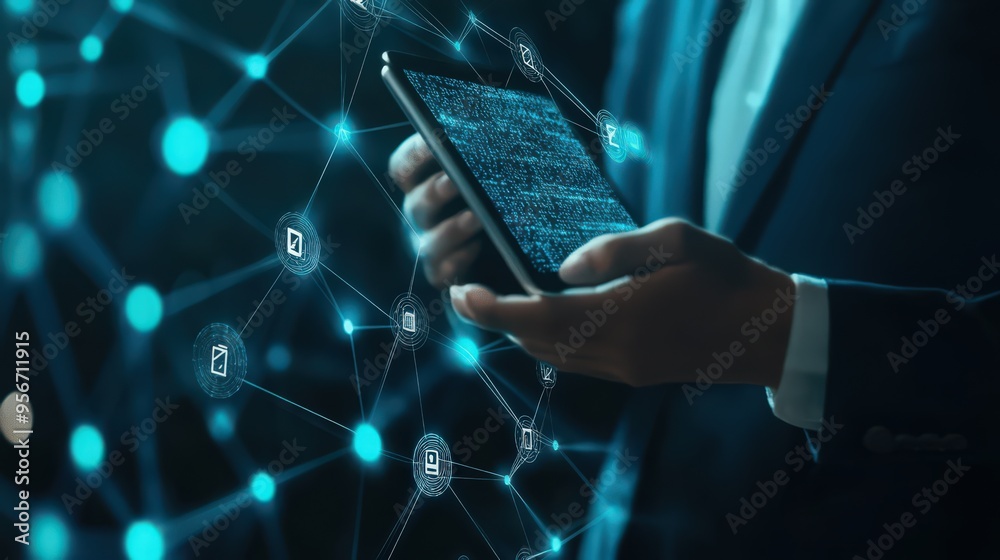 Poster a businessman integrates blockchain technology and data encryption with ai on a digital tablet, ensu