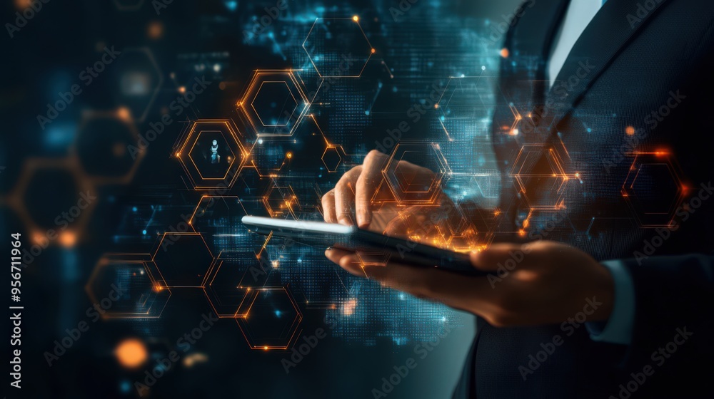 Poster a businessman integrates blockchain technology and data encryption with ai on a digital tablet, ensu
