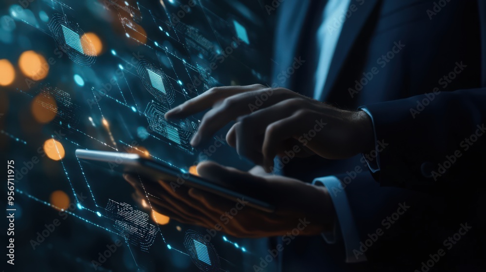 Poster a businessman integrates blockchain technology with data encryption on a digital tablet, using ai to