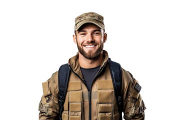 Front-facing portrait of a happy American male soldier, against a white transparent PNG cutout background, captured with professional softbox lighting for a polished finish.