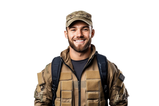 Front-facing portrait of a happy American male soldier, against a white transparent PNG cutout background, captured with professional softbox lighting for a polished finish.