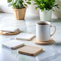 A clean and modern mockup featuring a white mug with coffee on a wooden coaster. surrounded by blank coasters.