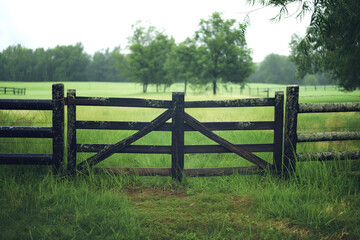 Wooden gate with black planks covered in moss, set in a lush green field on a misty day with trees in the background.