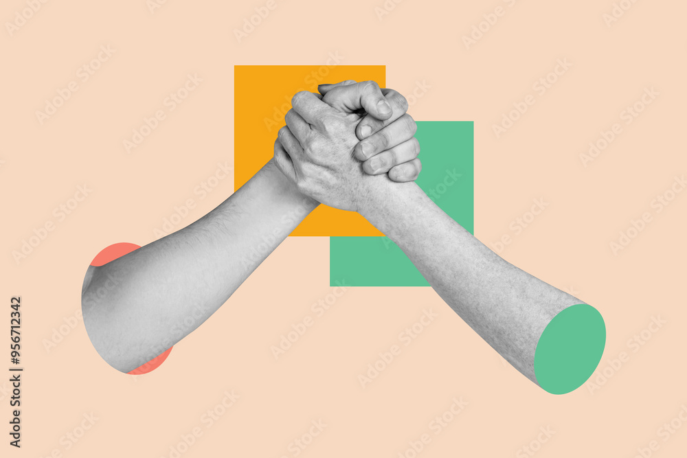 Poster Creative collage picture human hands agreement unity support handshake gesture arms 3d body fragment teamwork drawing background