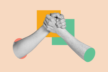 Creative collage picture human hands agreement unity support handshake gesture arms 3d body...