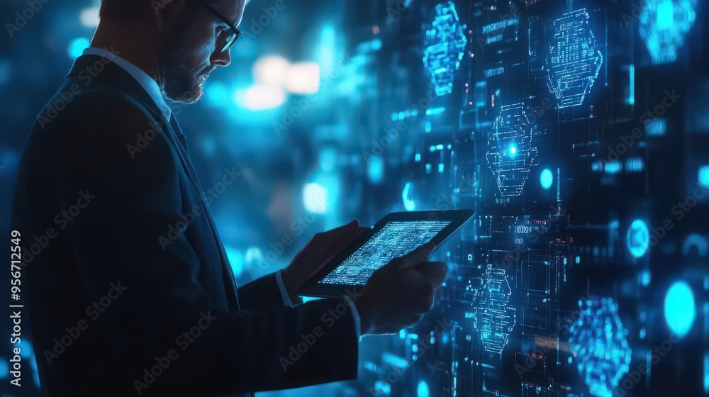 Poster a businessman manages data encryption and blockchain technology with ai on a digital tablet, enhanci