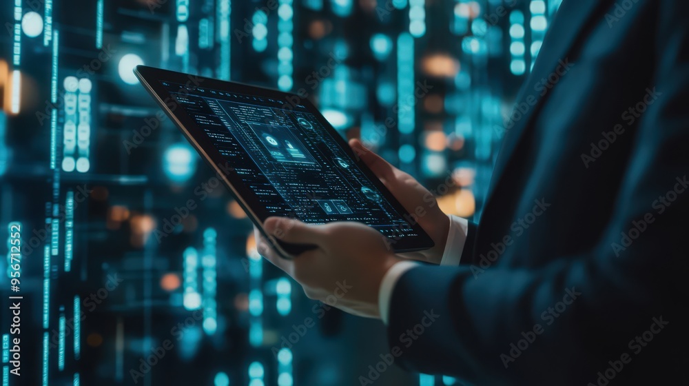 Poster a businessman manages data encryption and blockchain technology with ai on a digital tablet, enhanci