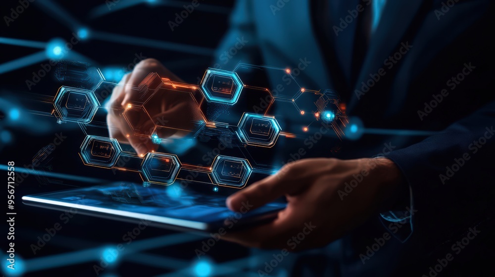 Poster a businessman manages data encryption and blockchain technology with ai on a digital tablet, enhanci
