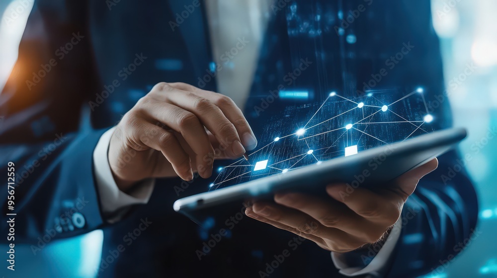 Poster a businessman manages data encryption and blockchain technology with ai on a digital tablet, enhanci
