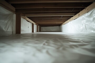 Serene Encapsulated Crawl Space with Gleaming Vapor Barrier, Pristine Under-House Sanctuary