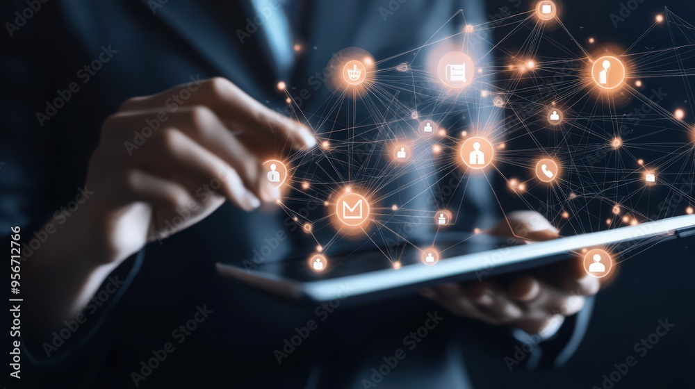 Poster a businessman optimizes customer relationships using a digital tablet with advanced crm network tech