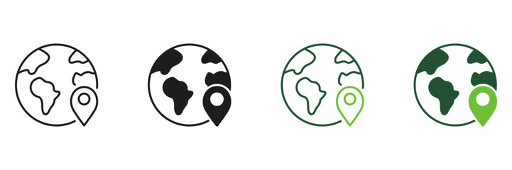 Global Delivery Line and Silhouette Icon Set. Planet Earth with Location Pin Pictogram. International Shipping Symbol. Worldwide Delivery Sign. Editable Stroke. Isolated Vector Illustration