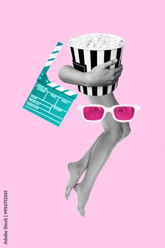 Poster vertical collage image woman legs skincare shaven beauty eyes glasses cinema watch popcorn snack foo