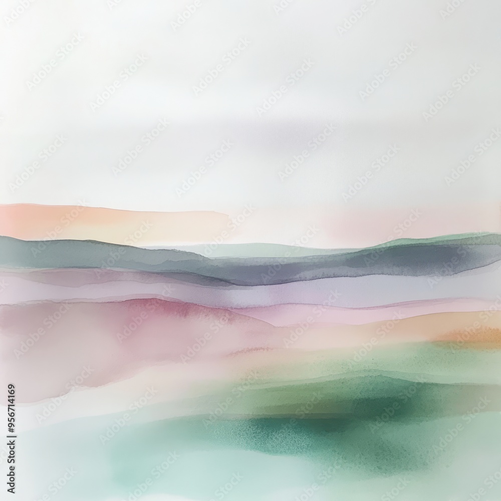 Poster Abstract watercolor painting with soft pastel colors and blurred lines creating a landscape-like scene.