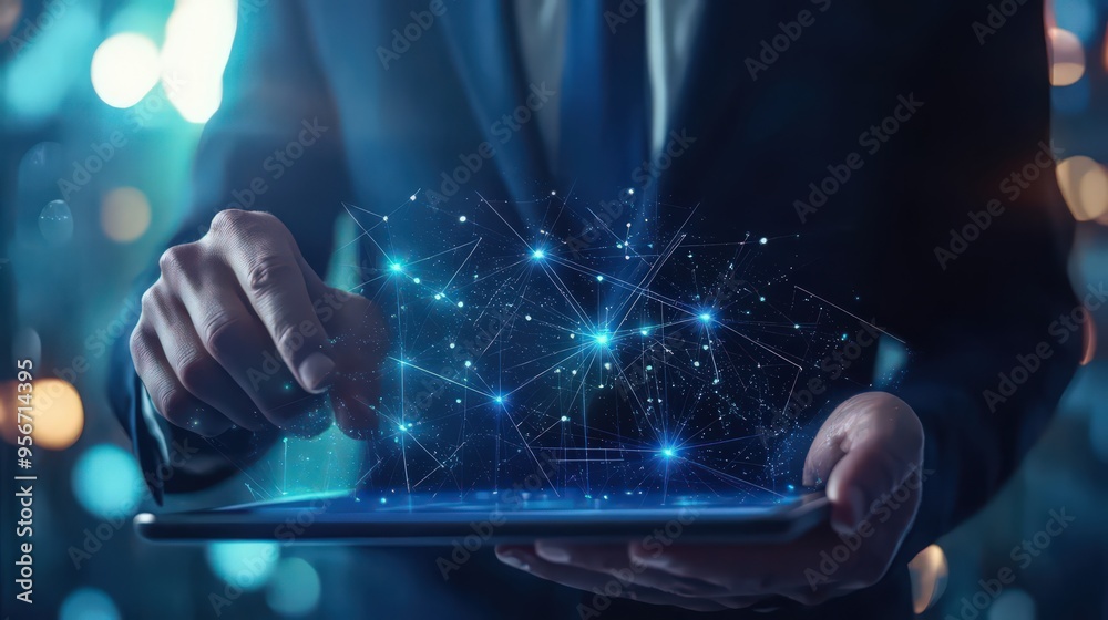 Poster a businessman utilizes ai with blockchain technology and data encryption to advance data science and