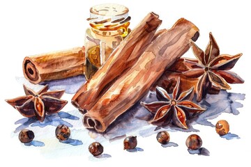 Aromatic Clove Spice: Watercolor Illustration of Herb with Essential Oil Drop on White Background