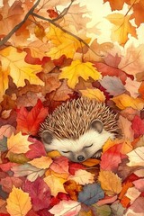 sleeping hedgehog nestled among variety of colorful autumn leaves, watercolor illustration. concepts: hibernating animals, fall, wildlife during autumn. children's book illustration, home decor, card.