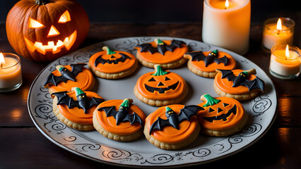 Halloween Cookies with Chocolate Bats and Smiling Pumpkins on White Plate