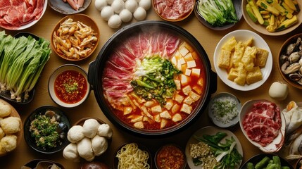 Fototapeta premium A vibrant table filled with a variety of hot pot ingredients, including thinly sliced meats, fresh vegetables, tofu, and seafood, centered around a steaming pot