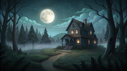 Fototapeta premium A Two-Story House in a Foggy Forest Under a Full Moon