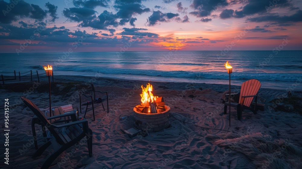 Sticker a firepit set up on a beachfront, with tiki torches and beach chairs, providing a perfect spot to en