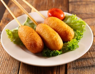 Corndog or corn dog is a american sausage baked in corn flour served with ketchup