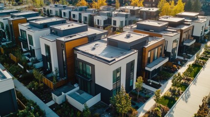 Fototapeta premium Aerial view of a modern residential neighborhood with rows of contemporary townhouses featuring flat roofs, large windows, and vibrant facades
