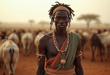 High-Resolution Image of a Dark-skinned Dinka Man, Captured in a Cattle Camp Setting
