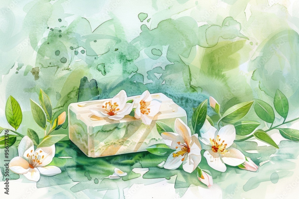 Wall mural Aromatic Jasmine and Organic Herbs Handmade Soap. Watercolor Illustration for Wellness and Beauty Care