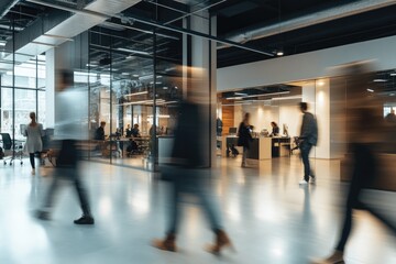 A busy office with people walking around and a blurred background