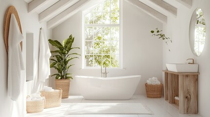 Bright, airy bathroom design featuring a freestanding bathtub, white walls, and a large skylight, flooding the space with natural light