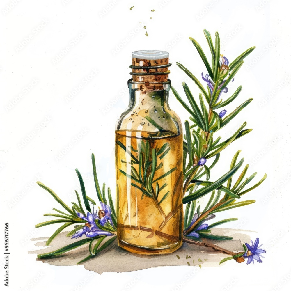 Wall mural Aromatic Rosemary Essential Oil in Watercolor Hand Drawn Illustration